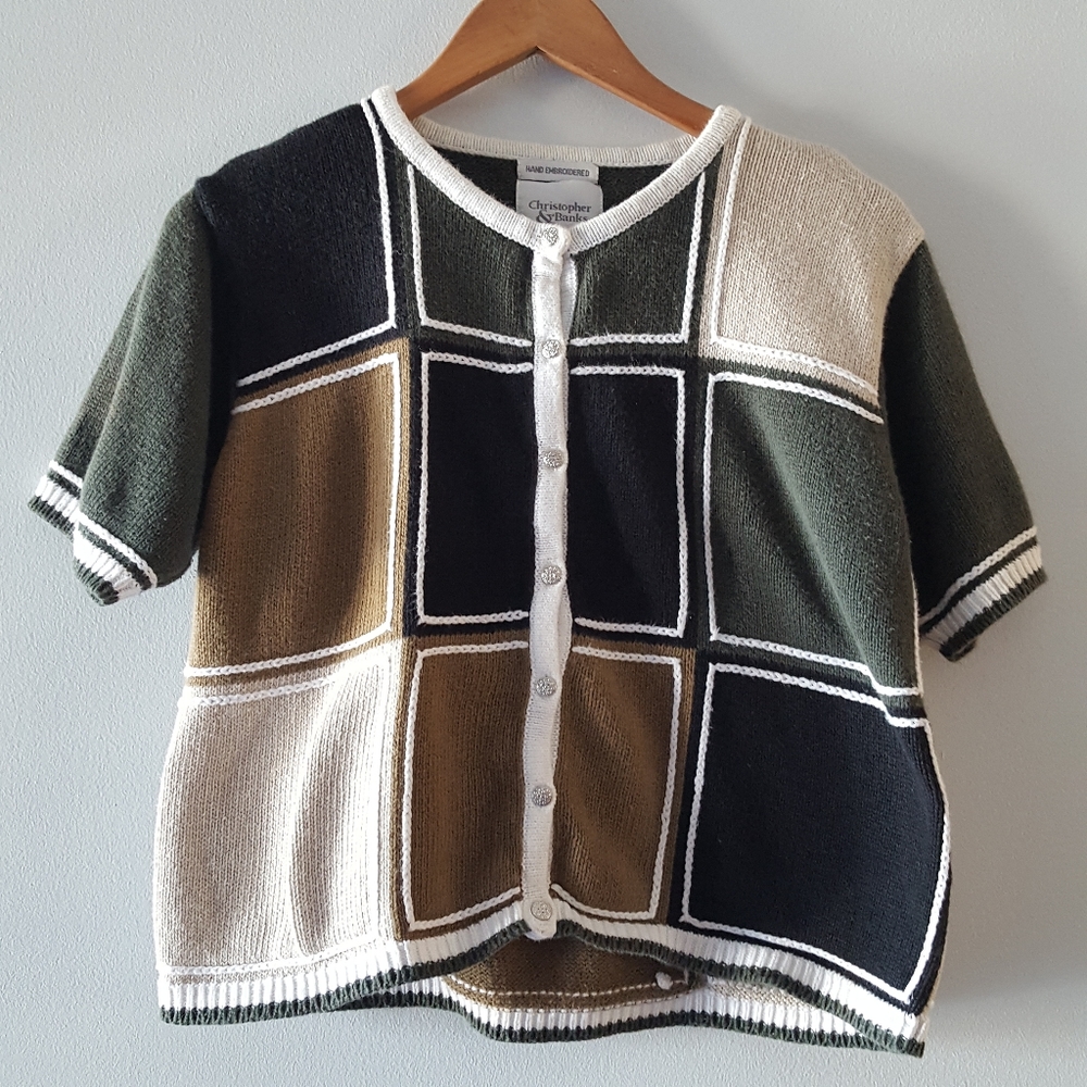 Vintage 1998 Christopher & Banks Patchwork Button Down Hand Embroidered Sweater
